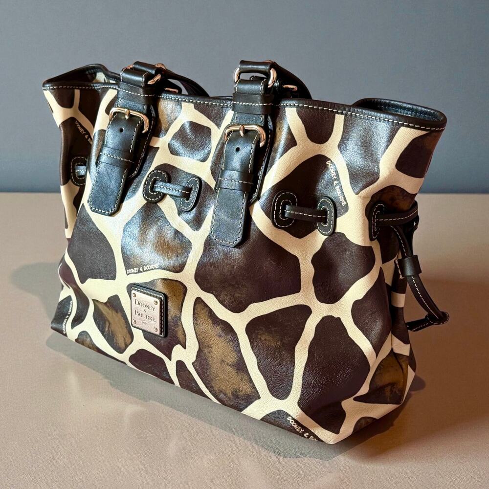 Dooney & Bourke Medium Chiara Leather Satchel Handbag Tote Brown Cream Giraffe - Picture 4 of 14